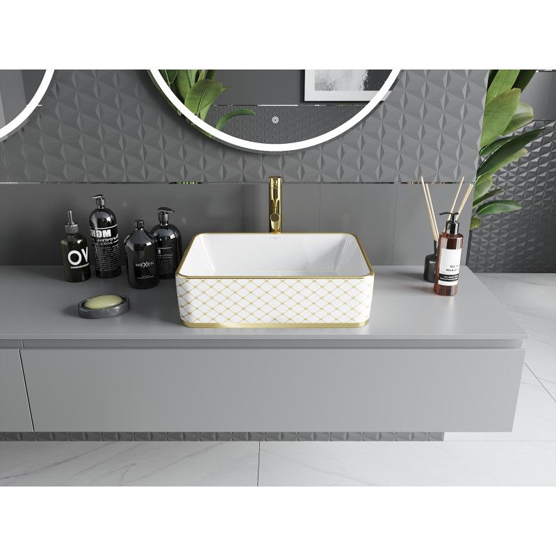 Mexen Catia bordmonteret vask 48 x 37 cm hvid/guld med ternet mønster 1 stk.