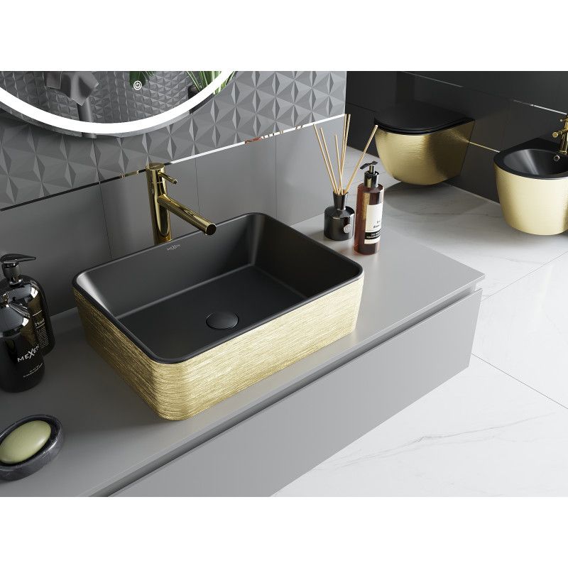 Mexen Catia bordmonteret vask 48 x 37 cm mat‑sort med gyldent linjemønster