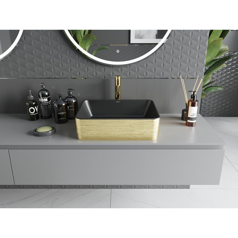 Mexen Catia bordmonteret vask 48 x 37 cm mat‑sort med gyldent linjemønster