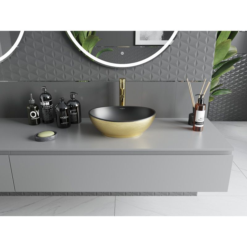 Bordmonteret vask Mexen Elza 40 x 33 cm mat‑sort med gyldent linjemønster