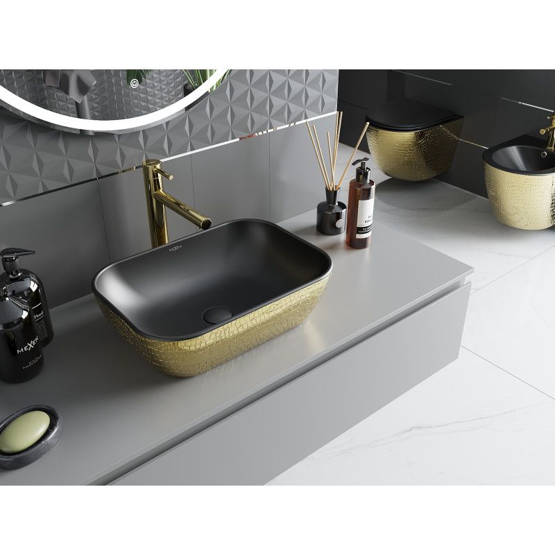 Bordmonteret vask Mexen Rita 45 x 32 cm mat‑sort/guld med skæl‑mønster 1 stk.