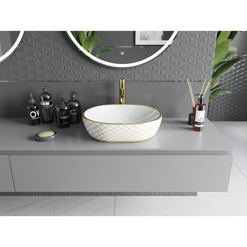 Mexen Viki bordmonteret vask 48 x 35 cm hvid/guld med ternet mønster 1 stk.