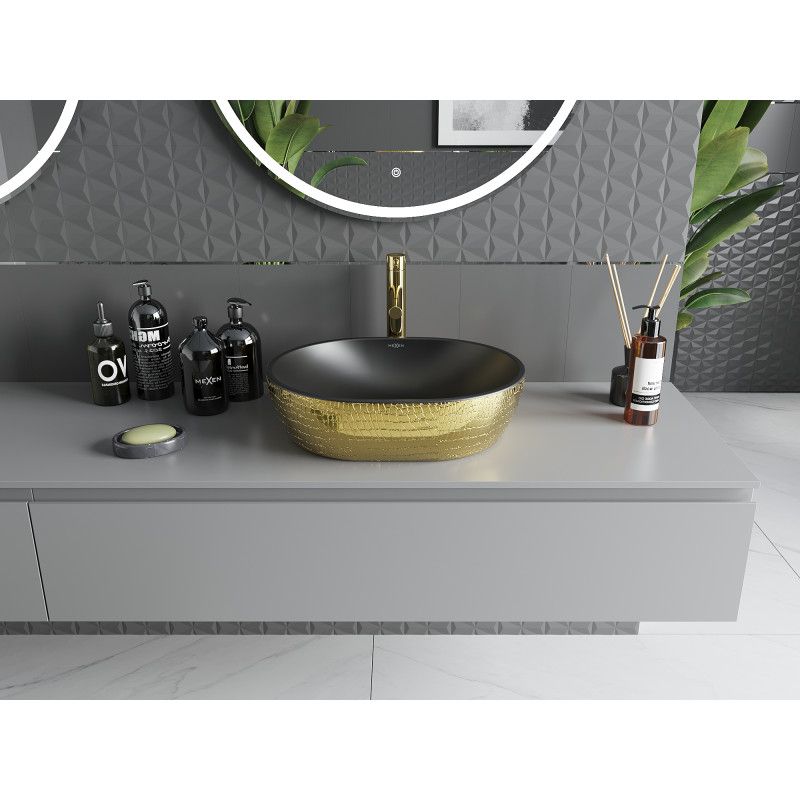 Bordmonteret vask Mexen Viki 48 x 35 cm mat‑sort med gyldent skælmønster 1 stk.