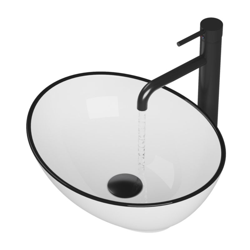Oval bordmonteret hvid keramisk håndvask med sort kant Dora