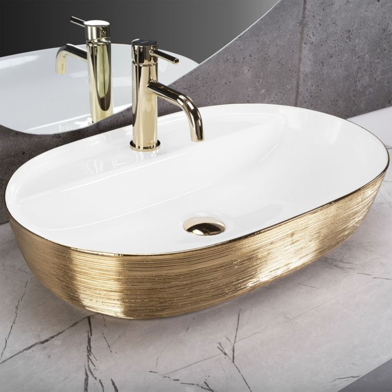 Ovalt bordmonteret vask Rea Aura i børstet guld og hvid 60,5 x 40,5 x 13,5 cm 1 stk