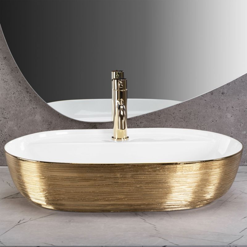 Ovalt bordmonteret vask Rea Aura i børstet guld og hvid 60,5 x 40,5 x 13,5 cm 1 stk