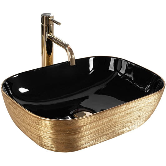 Rea Belinda rektangulær bordmonteret vask i sort og guld 46,5 x 33,5 x 13,5 cm, 1 stk