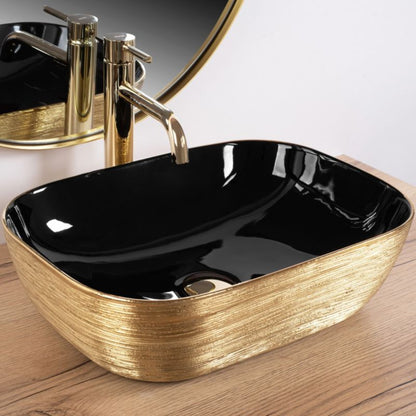 Rea Belinda rektangulær bordmonteret vask i sort og guld 46,5 x 33,5 x 13,5 cm, 1 stk