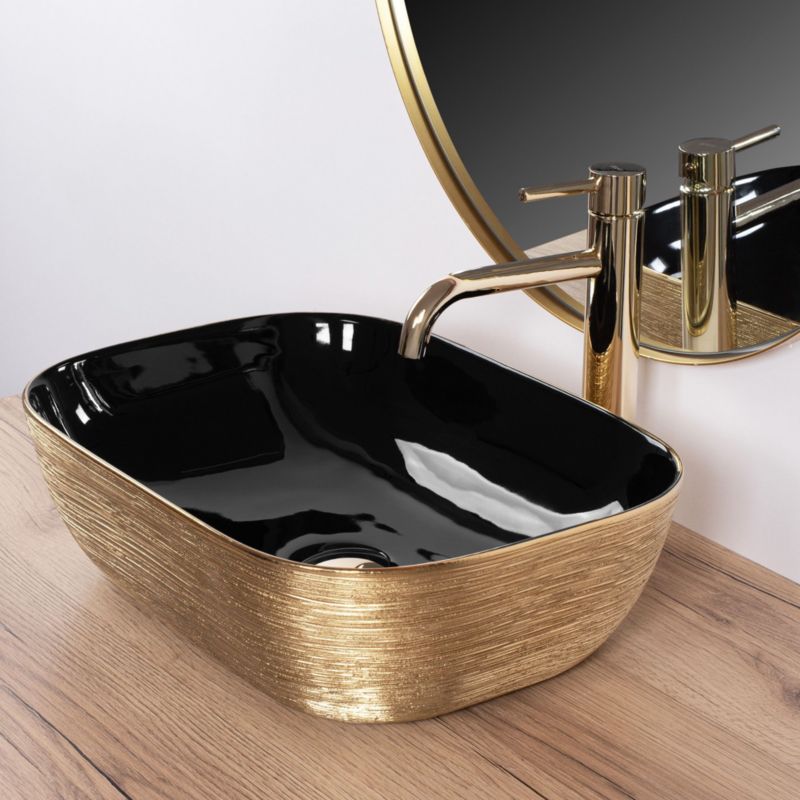 Rea Belinda rektangulær bordmonteret vask i sort og guld 46,5 x 33,5 x 13,5 cm, 1 stk