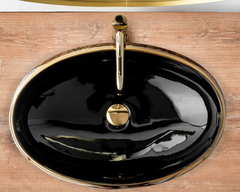 Rea Meryl oval bordmonteret vask i sort og guld 60 x 40,5 x 14,5 cm 1 stk