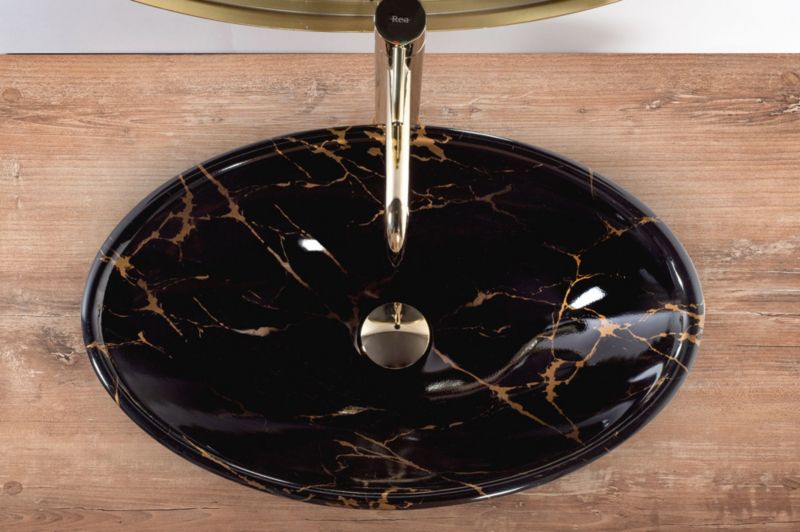 Pamela Marble Shiny ovalt bordmonteret vask i sort 53 x 33 x 15 cm, 1 stk
