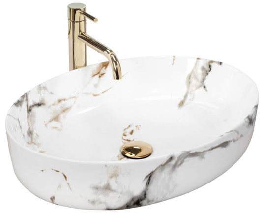 Queen Carrara Shiny ovalt bordmonteret vask i hvid 55 x 41,5 x 14 cm