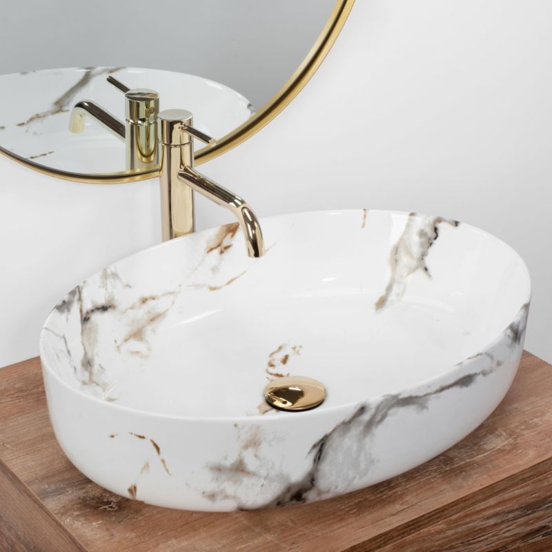 Queen Carrara Shiny ovalt bordmonteret vask i hvid 55 x 41,5 x 14 cm
