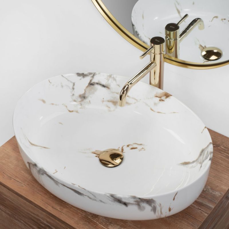 Queen Carrara Shiny ovalt bordmonteret vask i hvid 55 x 41,5 x 14 cm