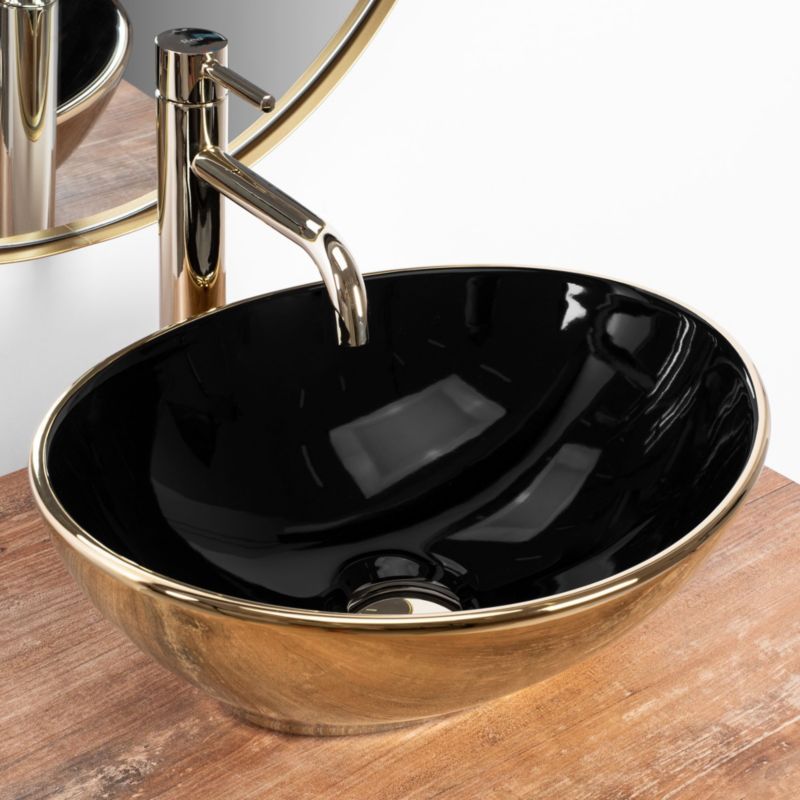 Sofia ovalt bordmonteret vask i sort-guld 41 x 34,5 x 15 cm, 1 stk