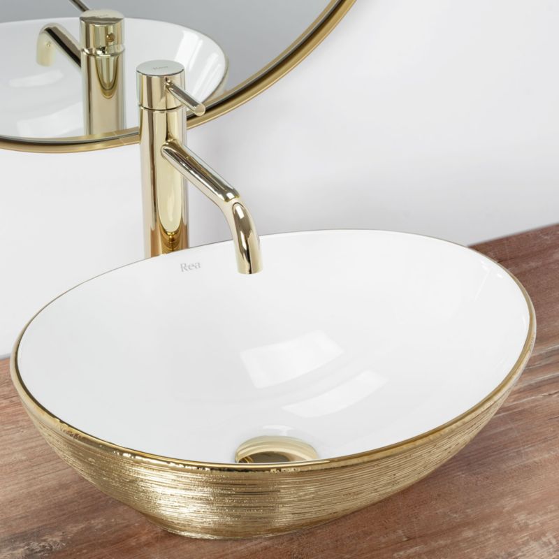 Sofia oval bordmonteret vask i hvid og guld 41 x 34,5 x 15 cm, 1 stk