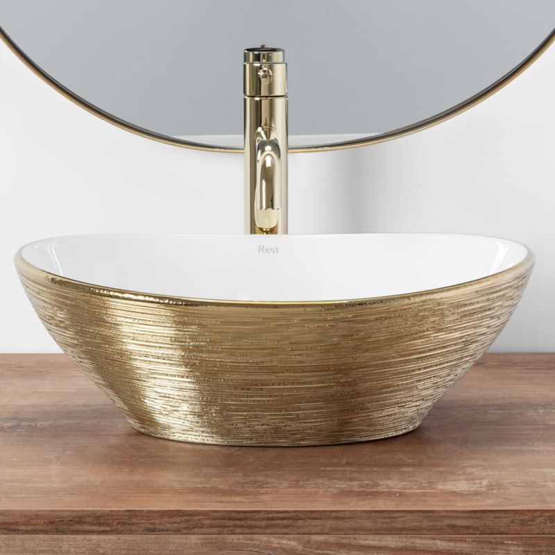 Sofia oval bordmonteret vask i hvid og guld 41 x 34,5 x 15 cm, 1 stk