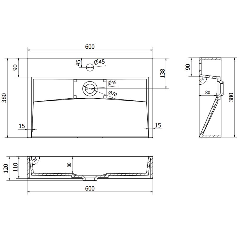 Bordmonteret vask i konglomerat 1/O Mexen Ava 60 x 38 cm sort 1 stk.