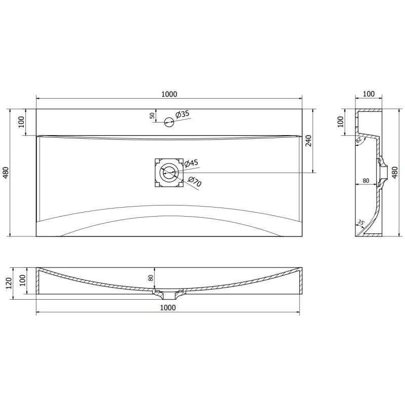 Bordmonteret vask i konglomerat 1/O Mexen Poli 100 x 48 cm mat-sort 1 stk.