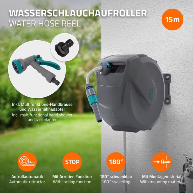 Væghængt Slangeopruller 15 m Automatisk Grå