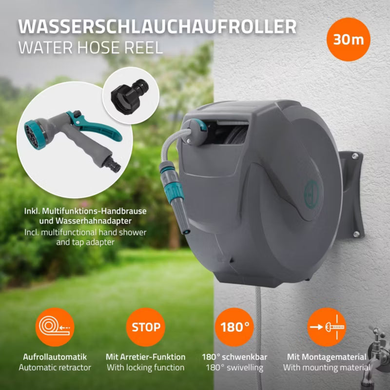 Væghængt Slangerulle Automatisk 30 m Grå
