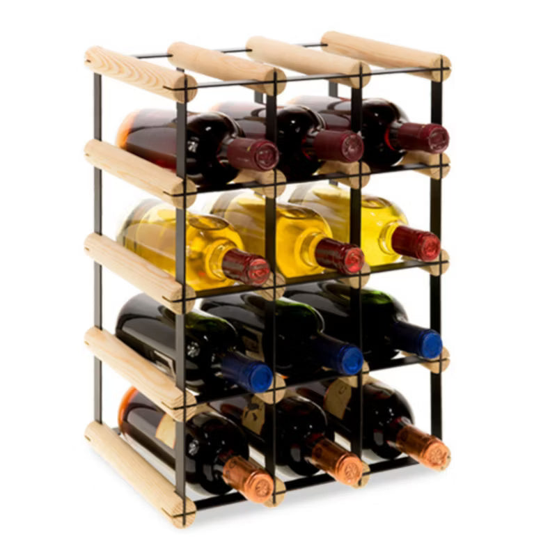 Vinreol 12 Flasker Sort Metal og Naturtræ