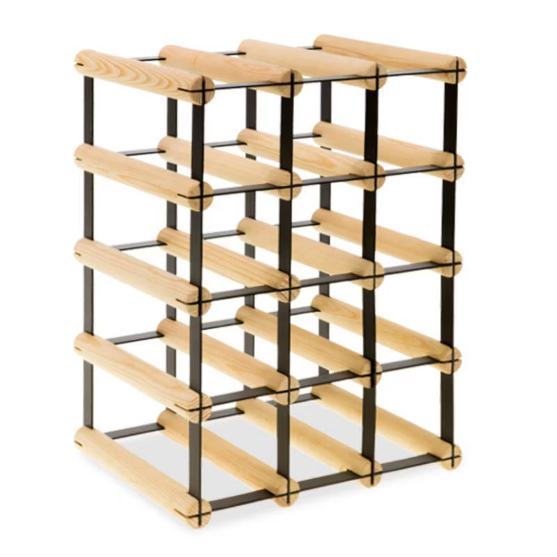 Vinreol 12 Flasker Sort Metal og Naturtræ
