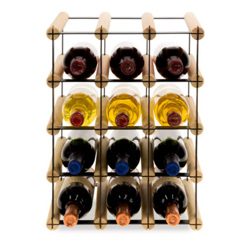 Vinreol 12 Flasker Sort Metal og Naturtræ