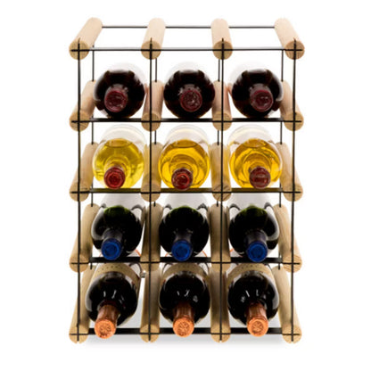 Vinreol 12 Flasker Sort Metal og Naturtræ