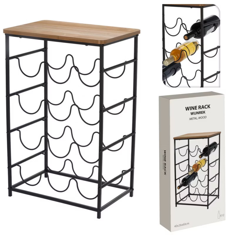 Vinreol 42x26x60 cm Sort Metal med Akacietop