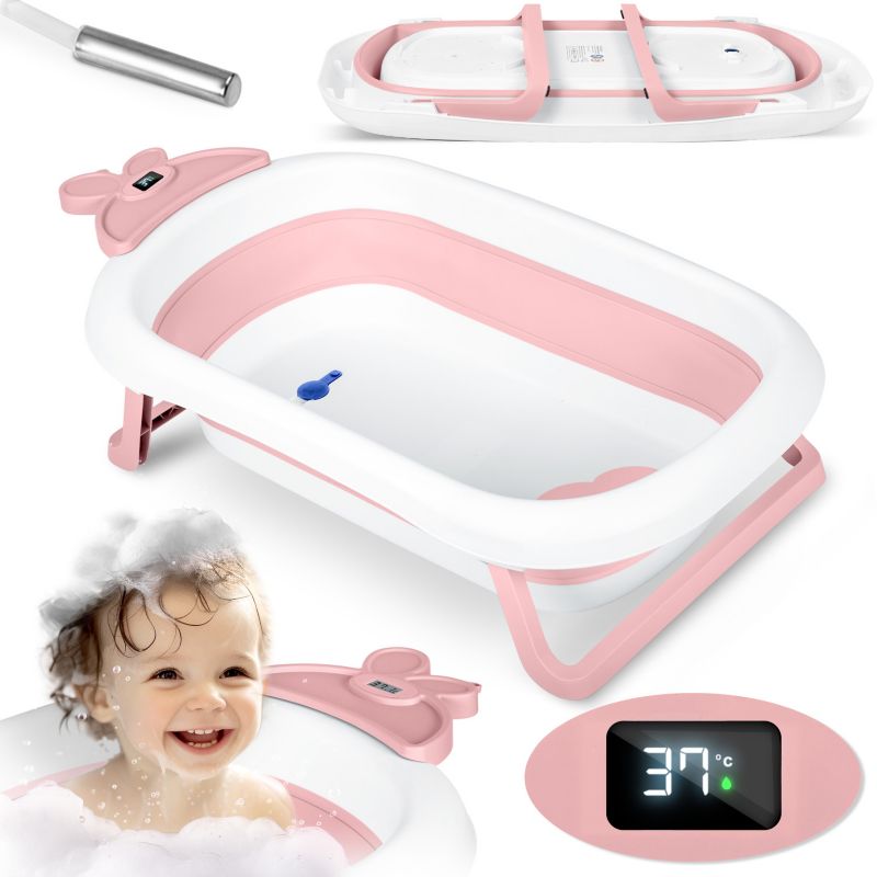 Sammenklappelig Babybadekar med LCD-Termometer Hvid/Rosa 728200