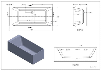 Akrylbadekar GoodHome Bakor 180 x 80 cm grå / hvid