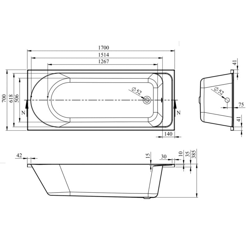 Akryl Badekar Cavally 170 x 70 cm Hvid