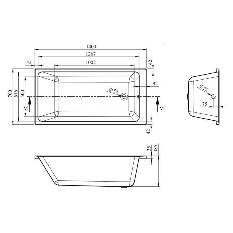 Akrylbadkar Teesta 140x70 cm Hvid | S-TEE-140x70