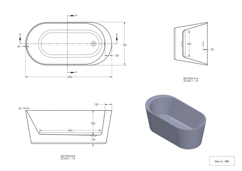 Fritstående akrylbadekar GoodHome Huron 150 x 75 cm oval grå/hvid