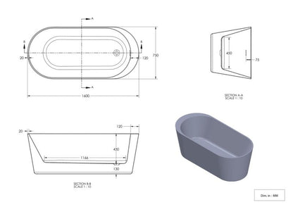 Fritstående akrylbadekar GoodHome Huron 160 x 75 cm oval hvid