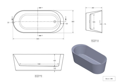 Fritstående akrylbadekar GoodHome Huron 180 x 80 cm oval sort/hvid