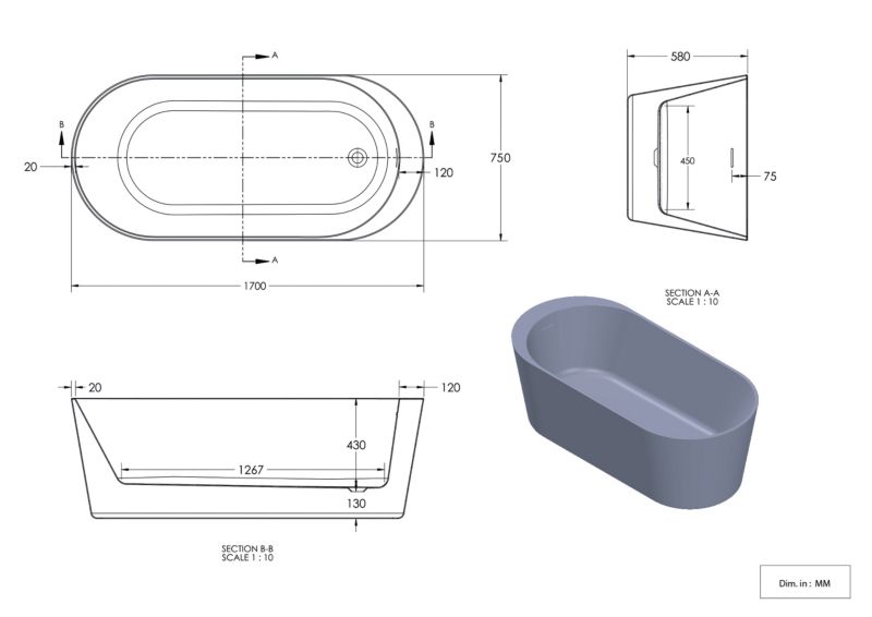 GoodHome Huron fritstående oval badekar 170 x 75 cm hvid