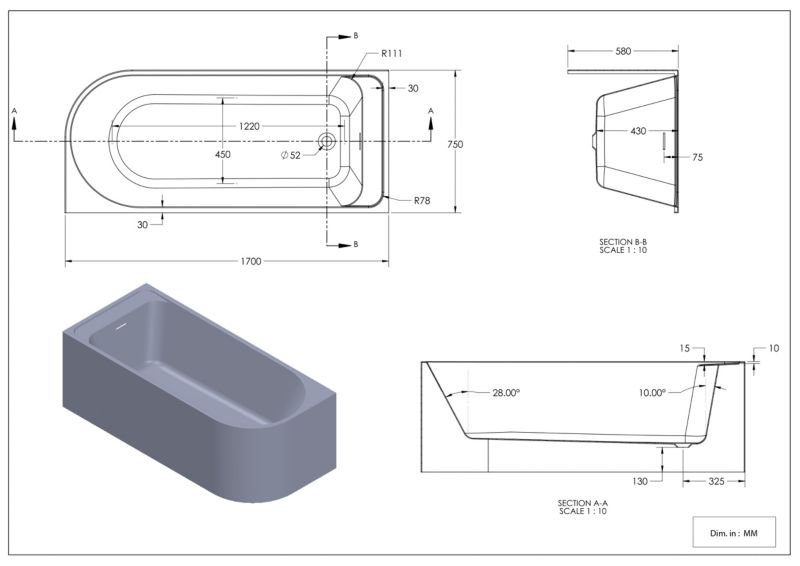 Badekar 170x75 cm Hvid Venstrevendt BTW-J-170x75L