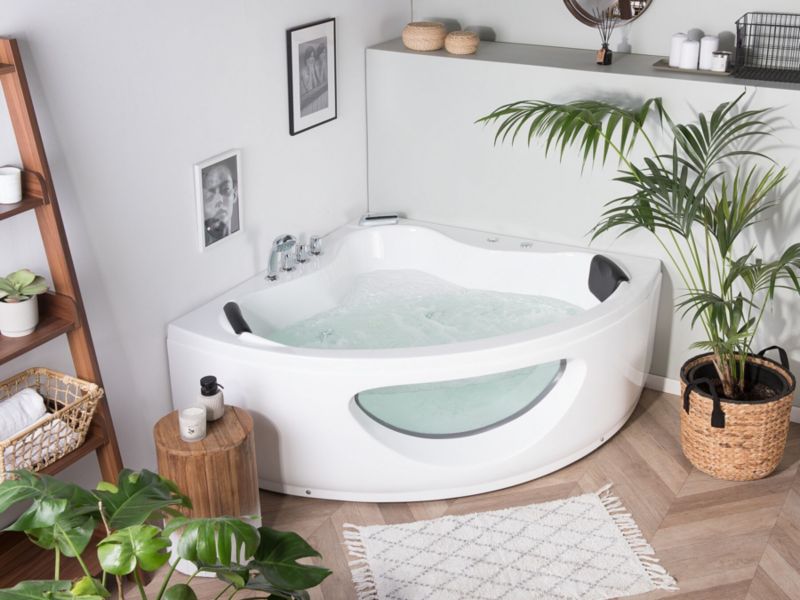 Hjørnebadekar med LED og hydromassage 190 x 140 cm hvid Tocoa 1 stk.