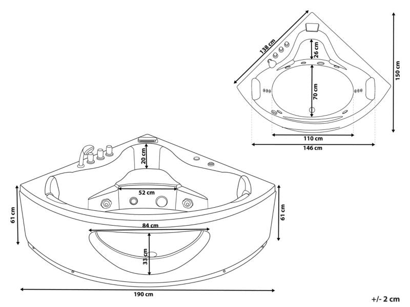 Hjørnebadekar med LED og hydromassage 190 x 140 cm hvid Tocoa 1 stk.
