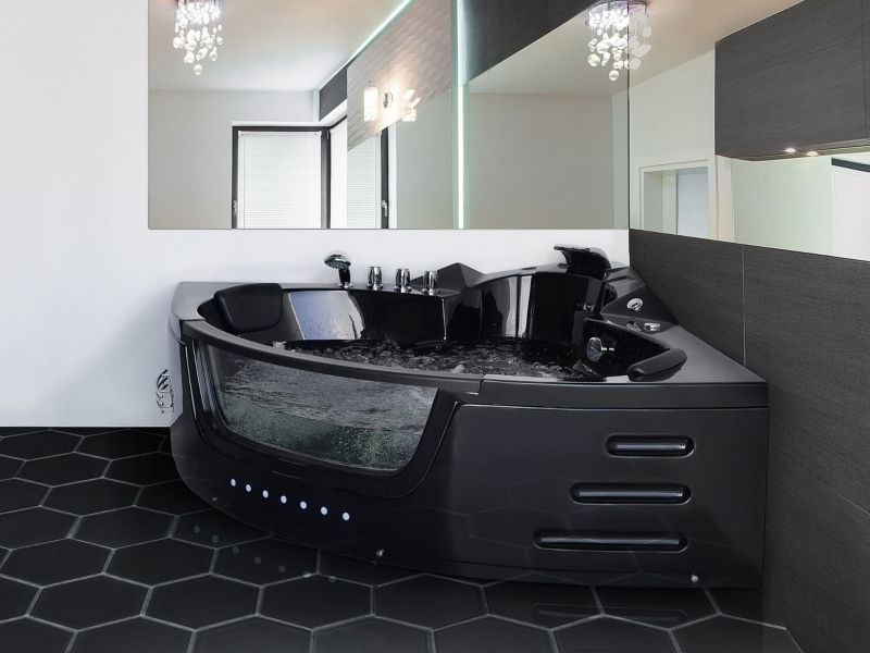 Hjørnebadekar med Hydromassage LED Martinica 198 x 144 cm Sort