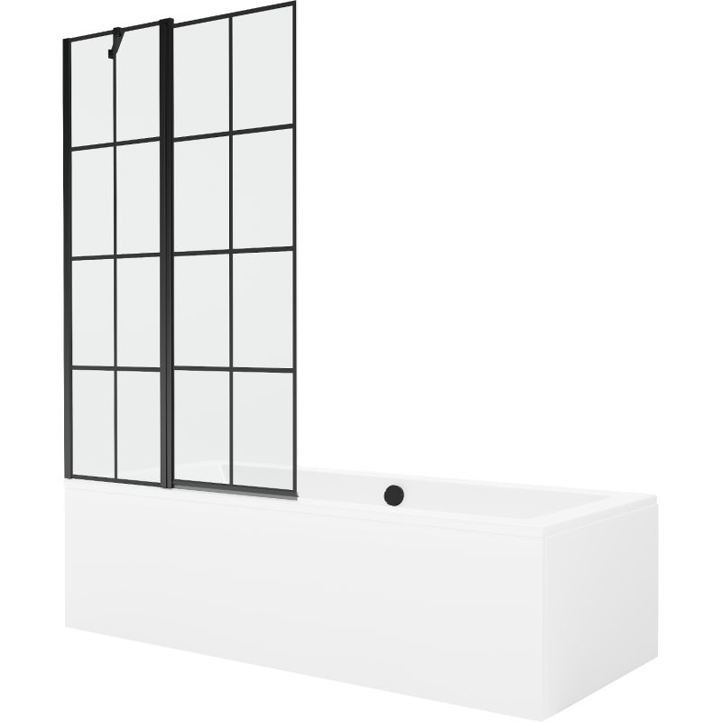 Rektangulært badekar Mexen Cube 170 x 80 cm med front- og sidepanel samt 1-fløjet brusevæg 100 cm i mat-sort mønster, komplet sæt
