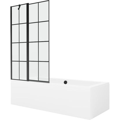 Rektangulært badekar Mexen Cube 170 x 80 cm med front- og sidepanel samt 1-fløjet brusevæg 100 cm i mat-sort mønster, komplet sæt