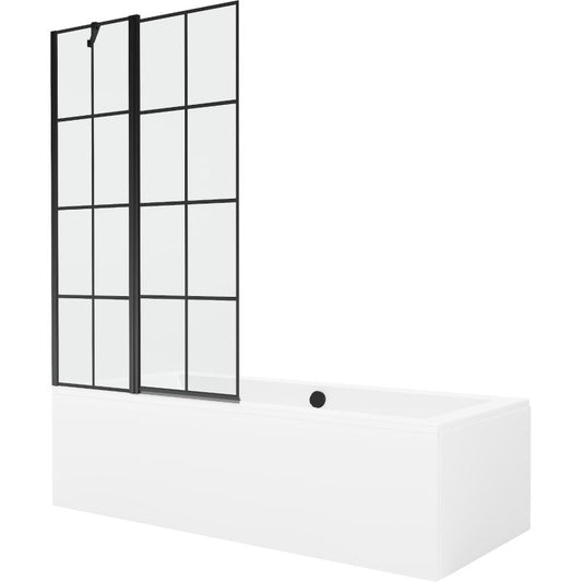 Rektangulært badekar Mexen Cube 170 x 80 cm med front- og sidepanel samt 1-fløjet brusevæg 100 cm i mat-sort mønster, komplet sæt