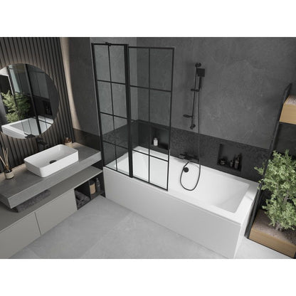 Rektangulært badekar Mexen Cube 170 x 80 cm med front- og sidepanel samt 1-fløjet brusevæg 100 cm i mat-sort mønster, komplet sæt