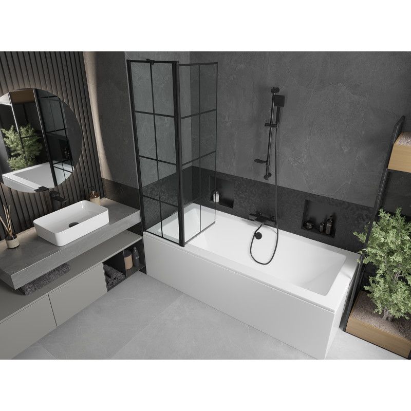 Rektangulært badekar Mexen Cube 170 x 80 cm med front- og sidepanel samt 1-fløjet brusevæg 100 cm i mat-sort mønster, komplet sæt