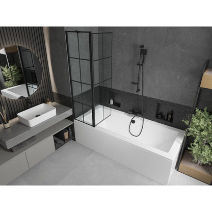 Rektangulært badekar Mexen Cube 170 x 80 cm med front- og sidepanel samt 1-fløjet brusevæg 100 cm i mat-sort mønster, komplet sæt