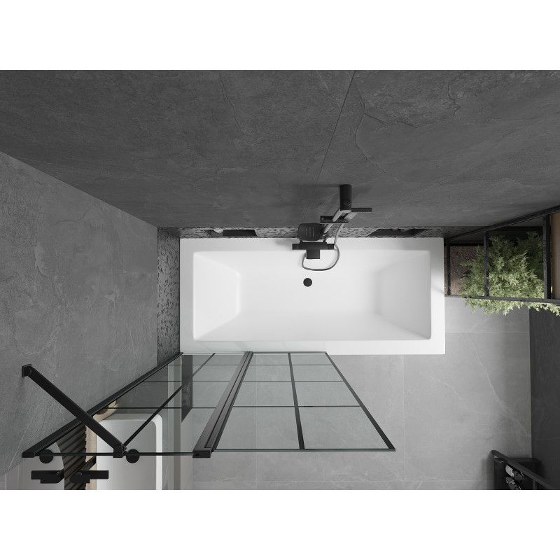 Rektangulært badekar Mexen Cube 170 x 80 cm med front- og sidepanel samt 1-fløjet brusevæg 100 cm i mat-sort mønster, komplet sæt