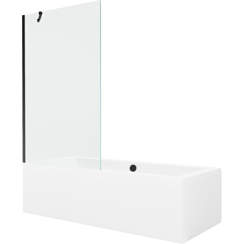 Rektangulært badekar Mexen Cube 170 x 80 cm med front- og sidebeklædning samt 1-fløjet brusevæg 100 cm i transparent sort, 1 sæt